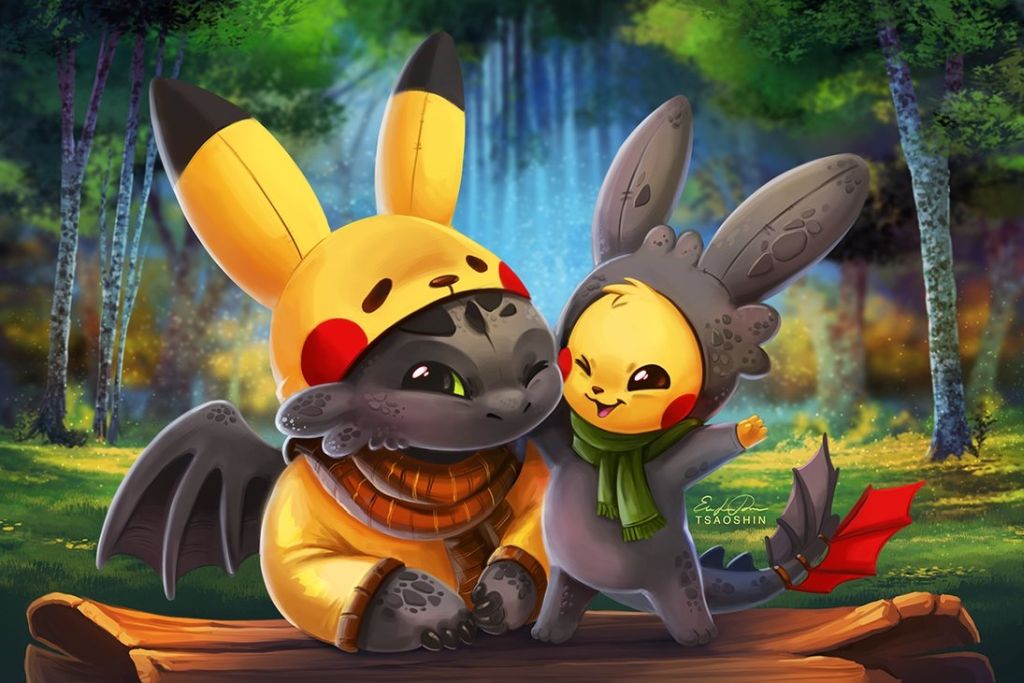 pikachu toothless digital painting